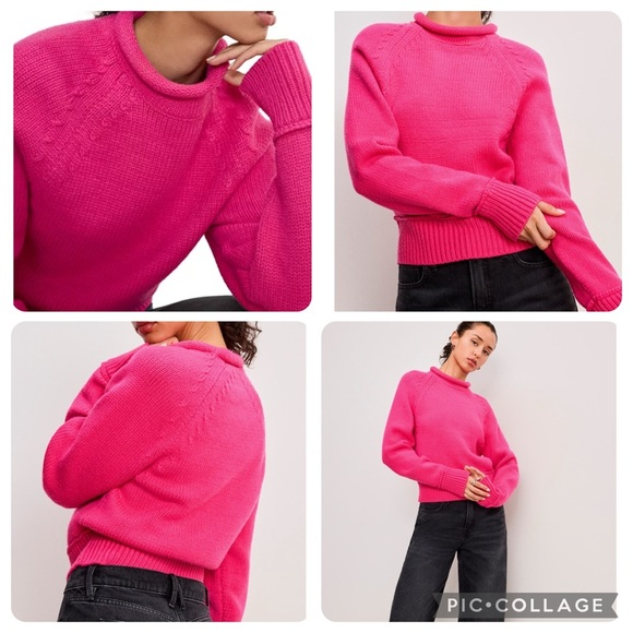NWT new small Anthropologie Good American crew neck sweater roll neck pink - Picture 1 of 15